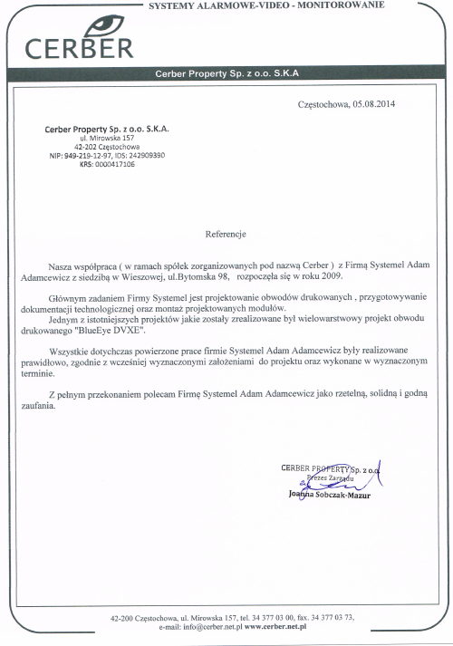 Preview of reference letter: Cerber Property