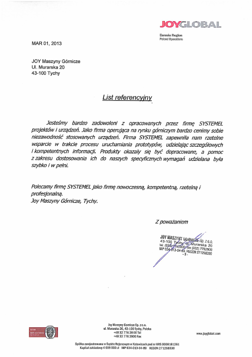 Preview of reference letter: JOY Global