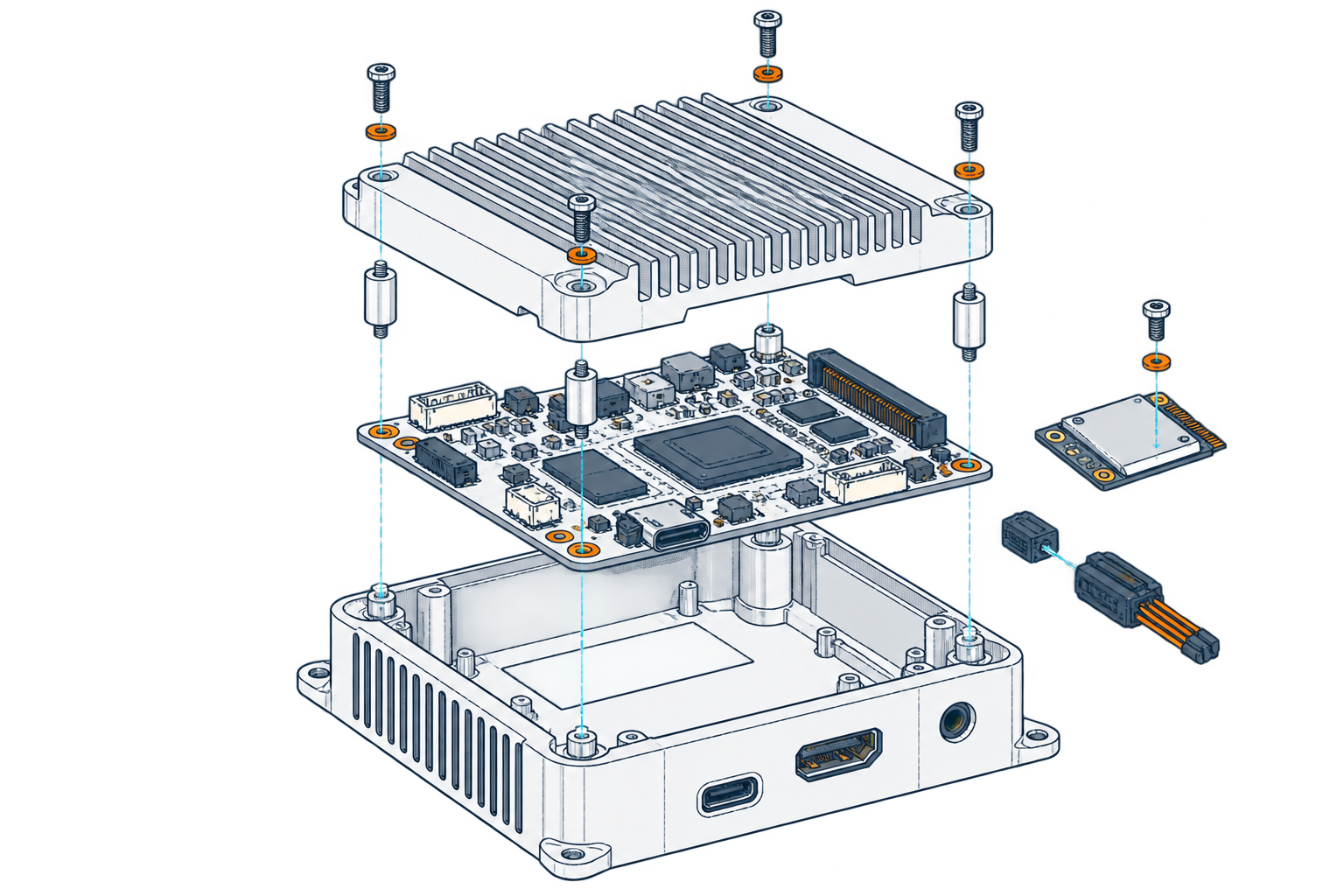 Exploded electronic device in a technical line-art style